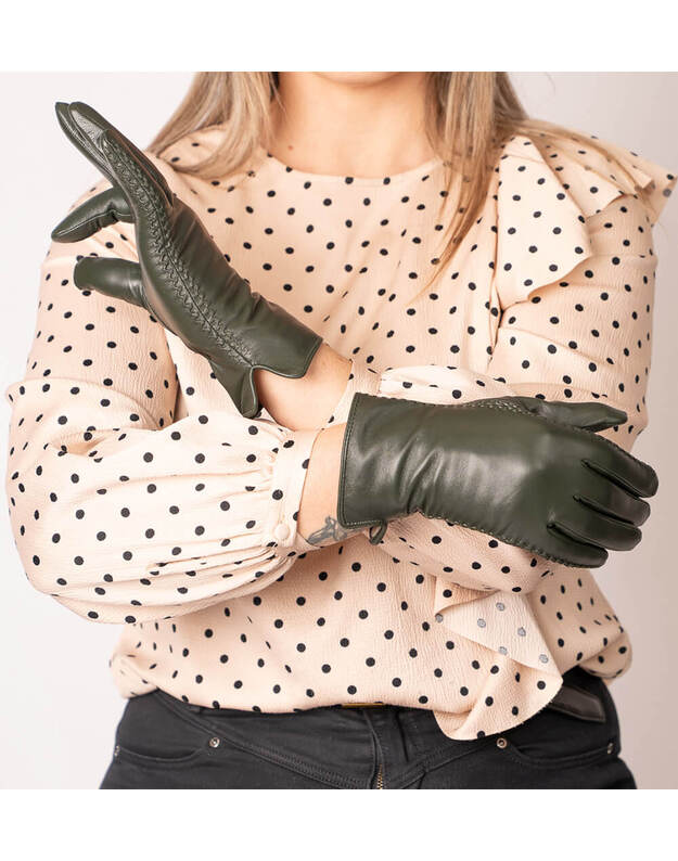 Moteriškos Žalios Natūralios Ožkos Odos Pirštinės Su Vilnoniu Pamušalu MOVZ10