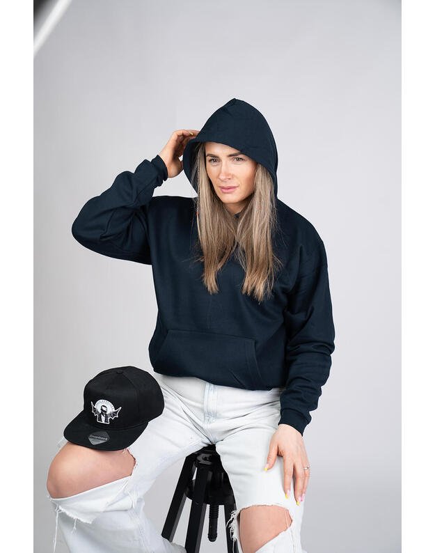 Megztinis su gobtuvu, oversize, mėlynas MM025