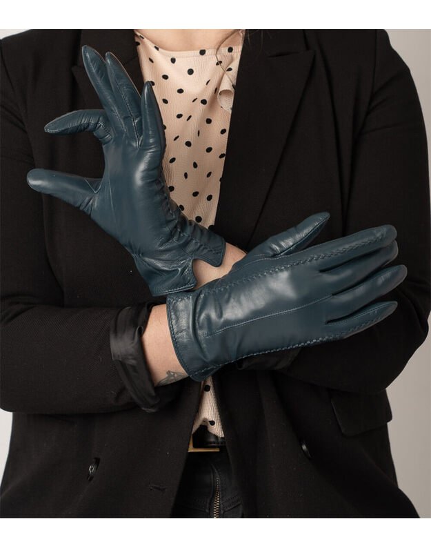 Moteriškos Žalios Natūralios Ožkos Odos Pirštinės Su Vilnoniu Pamušalu MOVZ11