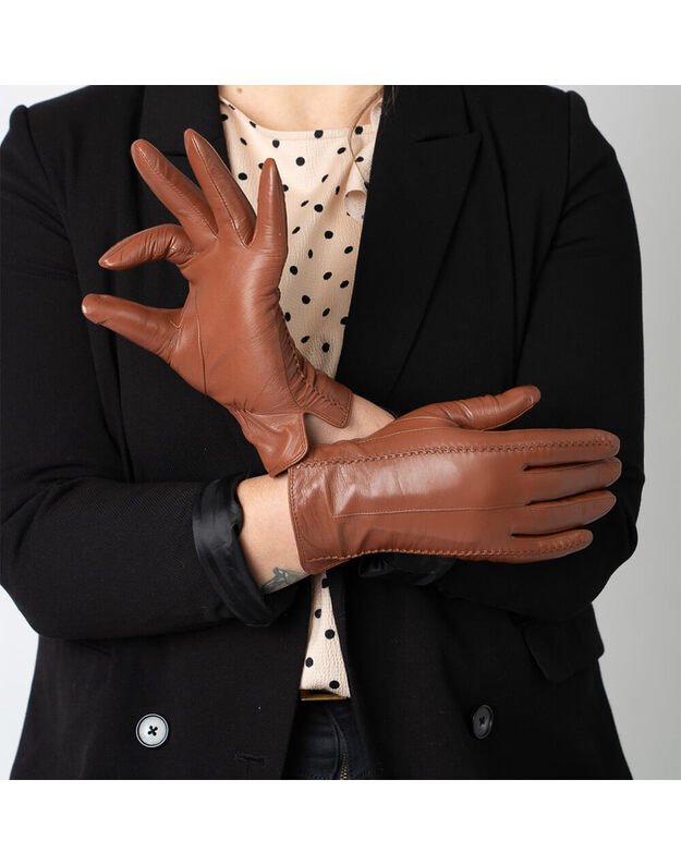 Moteriškos Rudos Natūralios Ožkos Odos Pirštinės Su Vilnoniu Pamušalu MOVZ02