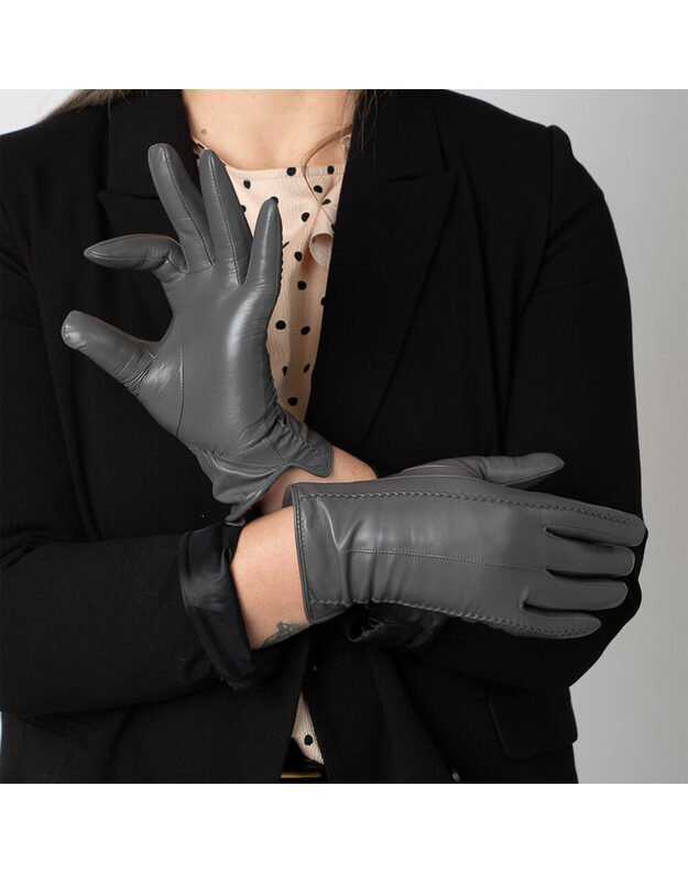 Moteriškos Pilkos Natūralios Ožkos Odos Pirštinės Su Vilnoniu Pamušalu MOVZ03