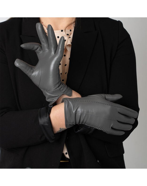 Moteriškos Pilkos Natūralios Ožkos Odos Pirštinės Su Vilnoniu Pamušalu MOVZ03 2