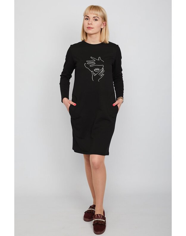 Moteriška juoda laisvalaikio suknelė su piešiniu LEN206