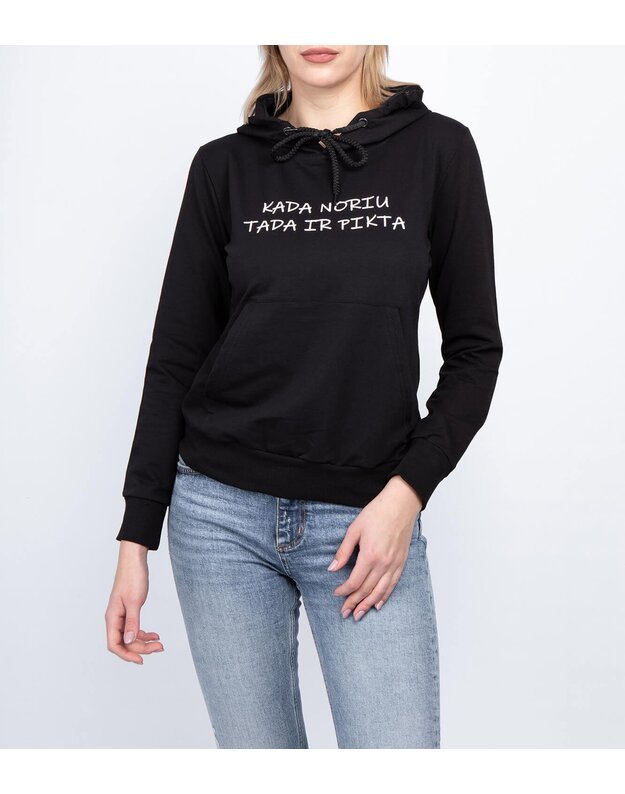 Moteriškas juodas laisvalaikio džemperis su gobtuvu LEN52