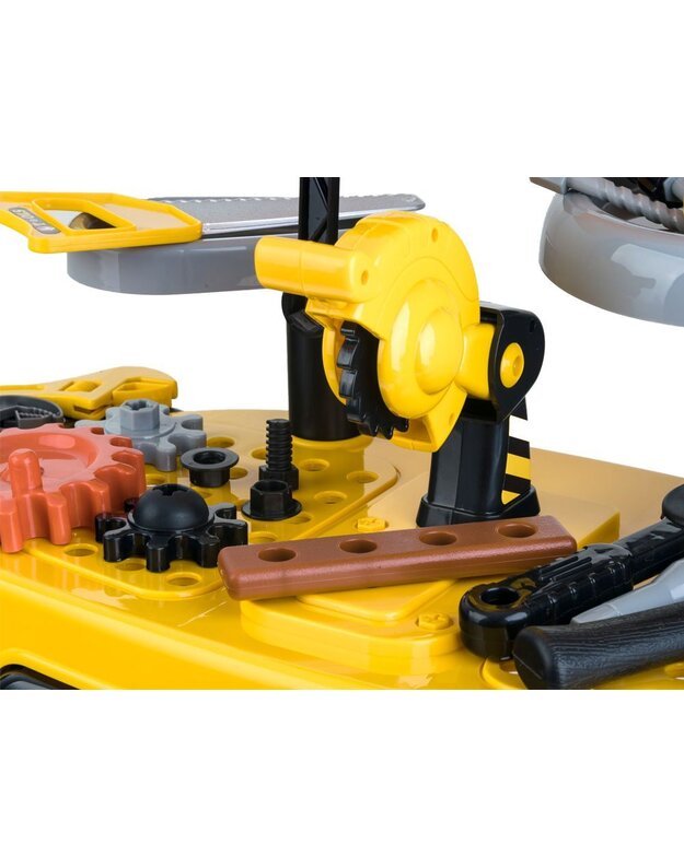 Didelis žaislinių darbo įrankių rinkinys su dirbtuvių stalu