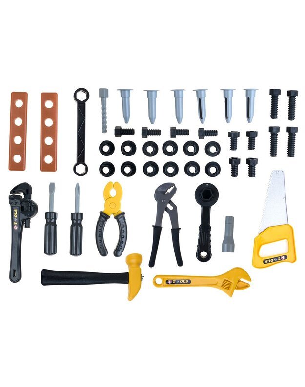 Didelis žaislinių darbo įrankių rinkinys su dirbtuvių stalu